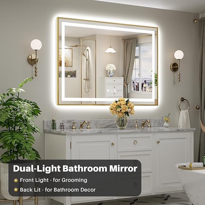 55x40 Inch LED Bathroom Mirror with Gold Frame, Backlit & Front Lit, Anti-Fog Lighted Bathroom Vanity Mirror for Wall, Memory Function, Dimmable, HD Tempered Glass, Shatter-Proof