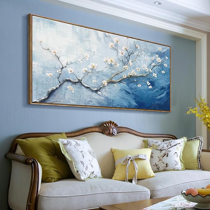 Nicetop Framed Wall Art for Living Room - Large Plum Blossom Canvas Art Prints with Wood Frame - Blue and White Artwork Abstract Ocean Wall Picture Bedroom Office Dining Room Coastal Decor 48x24 Inch
