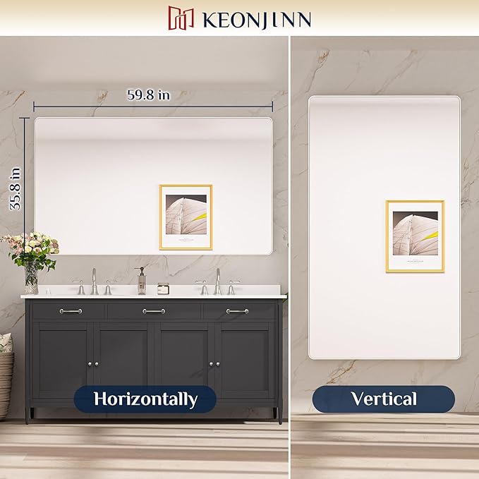 Keonjinn Brushed Nickel Mirror 60 x 36 Inch Large Silver Bathroom Mirror for Over Sink, Rounded Rectangle Farmhouse Vanity Mirror with Metal Frame, HD Tempered Glass Wall Mirror(Horizontal/Vertical)