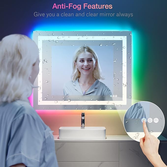 LOAAO 48"X28" LED Bathroom Mirror with Lights, Anti-Fog, Dimmable, RGB Backlit + Front Lighted, Bathroom Vanity Mirror for Wall, Memory Function