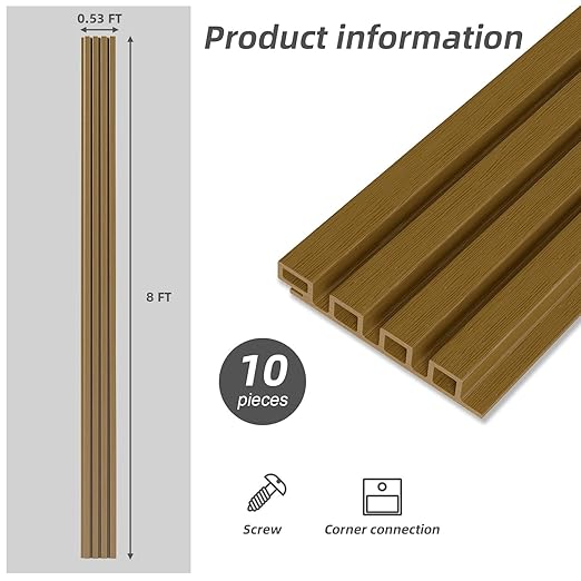3D Faux Wood Wall Panels for Exterior – Waterproof WPC Decorative Siding Slat Covering, Outdoor UV 8 FT (L) x 0.53 FT(H) Resistant Wall Decor, Easy Install Design (Glaze, Pack of 10 Piece)