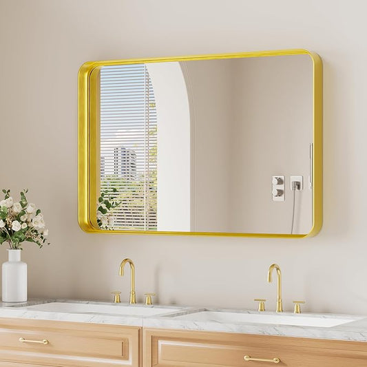 Koonmi Gold Wall Mirror for Bathroom, 24x36 Inch Matte Deep Framed Rounded Rectangle Vanity Mirror for Farmhouse Living Room, Tempered Glass, Anti-Rust, Vertically or Horizontally