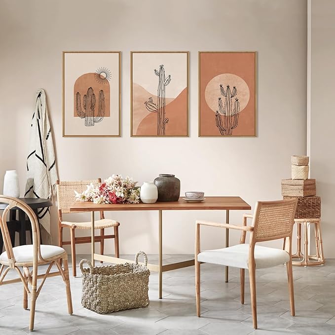 Ausril Boho Minimalist Cactus Framed Canvas Wall Art Set, Mid Century Saguaro Wall Decor, Abstract Geometric Desert Wall Painting, Beige Brown Plant Art Prints for Living Room, Bedroom, Office 16"X24"X3
