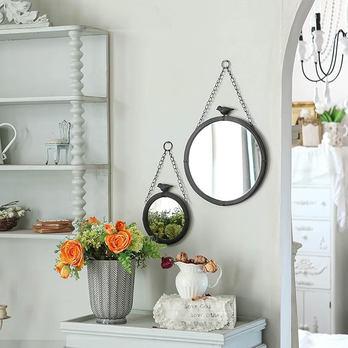 NIKKY HOME 11.2" Decorative Small Hanging Mirrors Vintage Rustic Round Metal Framed Wall Mounted Mirror Decor with Bird for Bathroom Living Room Office, Antiqued Black