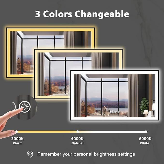 73x40 Lighted Mirrors for Bathroom Wall, Modern Rectangle Matte Black Mirror, Tempered Glass，Double Lights, 3 Colors Dimmable Temperature, IP54 Enhanced Anti-Fog, Memory (Horizontal/Vertical)
