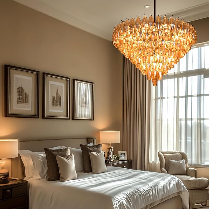 Modern Crystal Chandelier, 36" Luxury Black Round Amber Glass 8-Tier Chandelier for Dining Room, Large Bronze 20-Light Tiered Chandeliers Light Fixture for Living Room, Bedroom, Entryway, Staircase