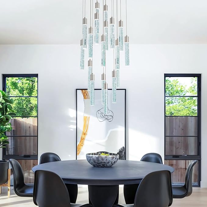 Brushed Nickel 18 Lights Large Foyer Chandeliers for High Ceilings 70 feet Long Spiral Stair Pendant Chandelier Crystal Ceiling Light Fixtures Dimmable 3000k-4000k-6000k