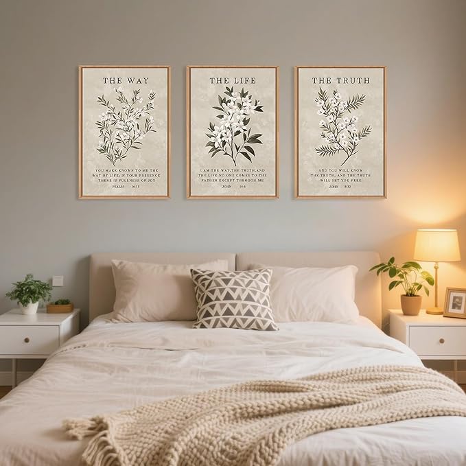 Christian Bible Verse Framed Canvas Wall Art Set,Modern Jesus Religious Wall Decor,Nature Scripture Flower Floral Artwork for Living Room,Bedroom,Prayer Room-16"x24"x3