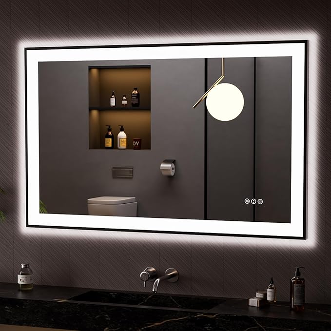 LOAAO 48"X30" LED Bathroom Mirror Black Framed, Anti-Fog, Dimmable, Lighted Bathroom Vanity Mirror for Wall, Memory Function, Tempered Glass