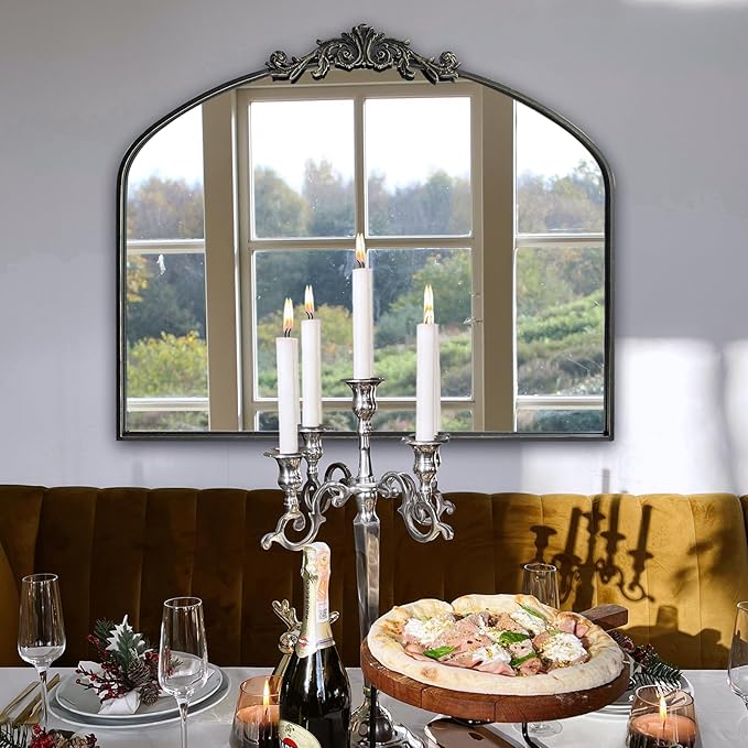 Black Arched Mirror for Wall,Baroque Fireplace Mirror Decor,Brass Wall Mirror,Ornate Mirrors for Entryway/Bathroom/Living Room/Hallway 36"X30" …