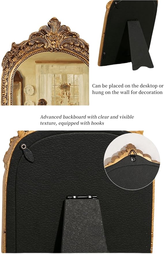 11” x 9.5” Small Gold Vintage Wall Mirror, Antique Gold Resin Baroque, Decorative Hanging & Tabletop