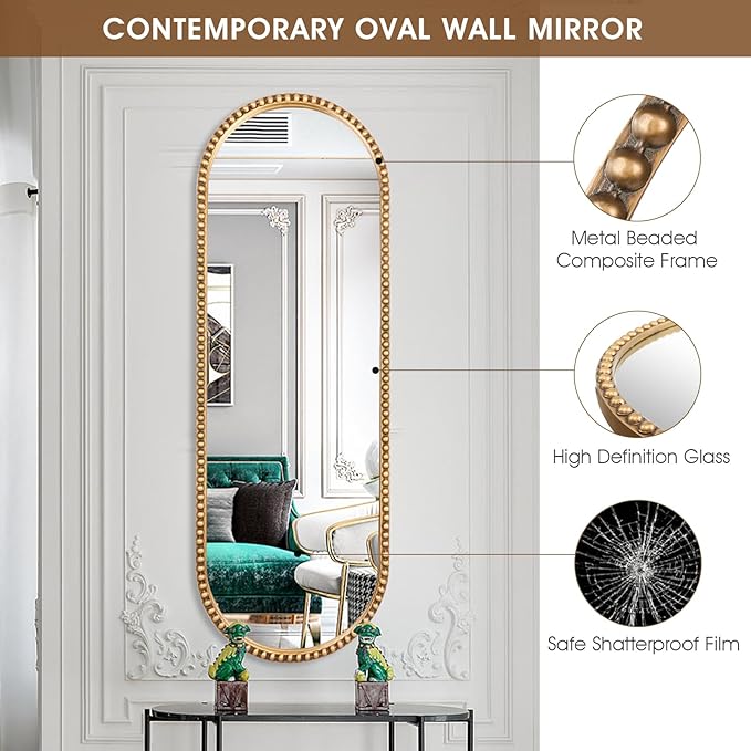 Oval Full Length Mirror, 16"x47" Metal Beaded Frame Large Hanging Dressing Floor Mirror for Bedroom, Living Room, Entryway, Antique Gold (No Stand)