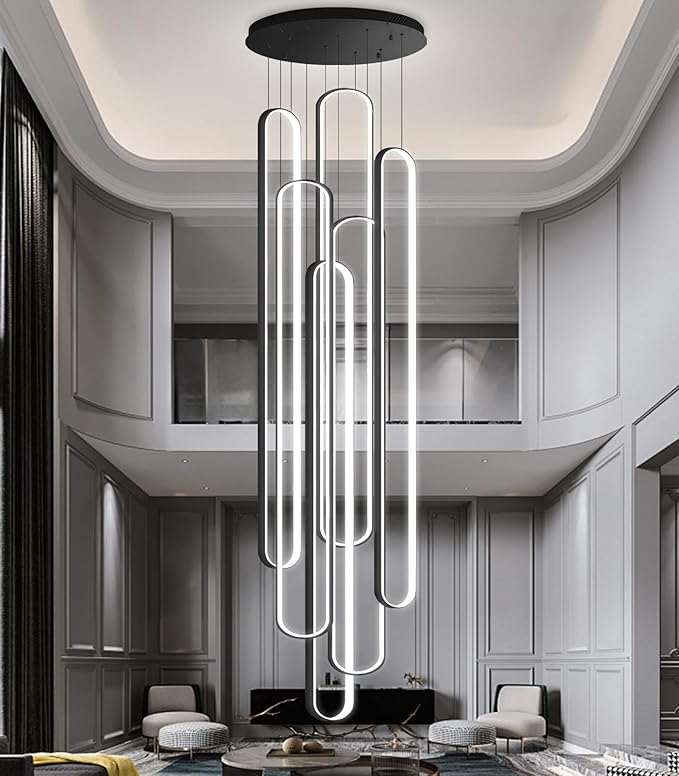 6 Rings Modern Large Chandelier for Staircase High Ceiling Chandelier LED Dimmable Black Chandeliers for Foyer Living Room Villa Black