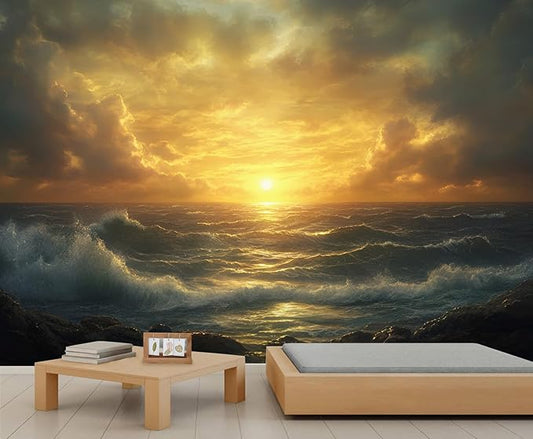 Coastal Mural Wallpaper, Ocean Sunset Murals, Ocean View Murals Wallpaper for Living Room Bedroom Home Decor Mural - 169.3" W x 118.5" H (Not Peel Stick)