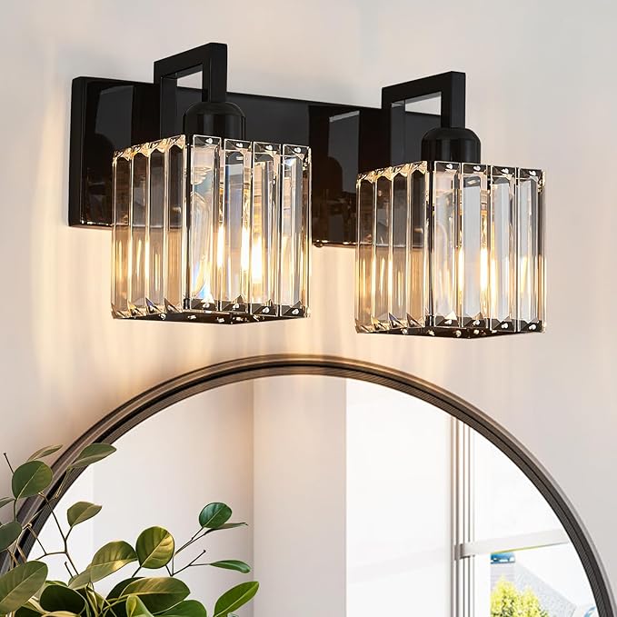 Modern Bathroom Vanity Light 2-Lights Plating Black Vanity Light Crystal Wall Light Bathroom Light Fixtures