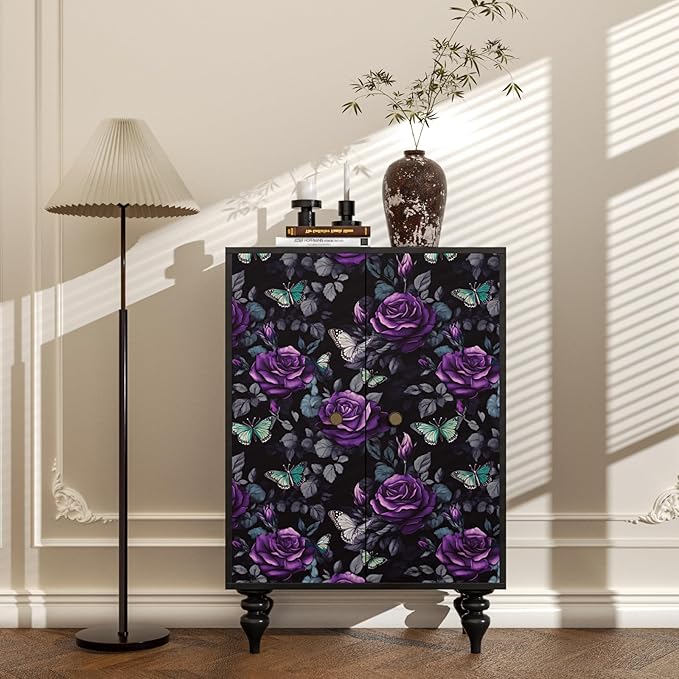 Black Foral Wallpaper Peel and Stick Dark Purple Rose Contact Paper 17.4" x 393", Waterproof Self-Adhesive Flower Butterfly Wall Paper for Bedroom Countertop Desk Cabinets Decor Renter Friendly