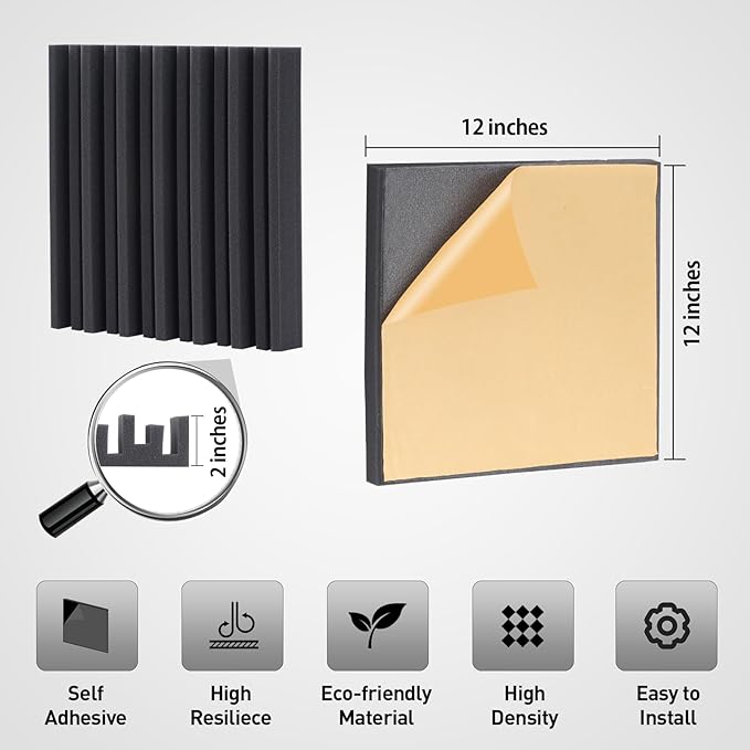 36 Pack Sound Proof Foam Panels for Walls, Self-adhesive Grooved Black Acoustic Panels, 12x12x2 Inches Soundproof Wall Panels, High Density Acoustic Wall Panels for Echoes Absorption