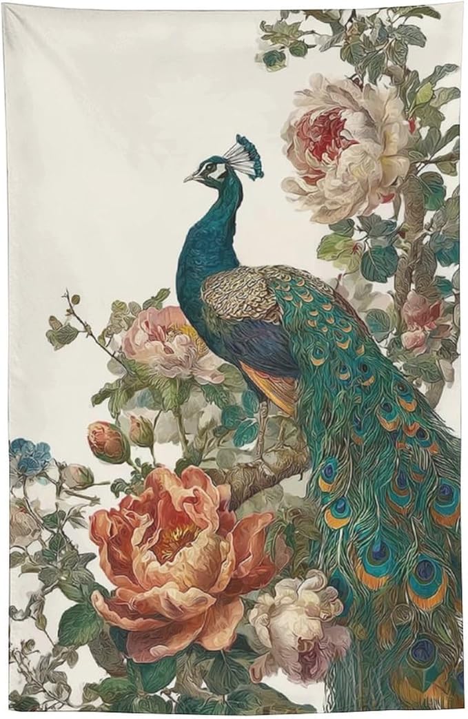 UUKXKUU Peacock Oriental Retro Blooming Flowers Tree Tapestry Wall Decor Large Wall Art Backdrop Flag Hanging for Bedroom Living Room Dorm Office 60"×90"