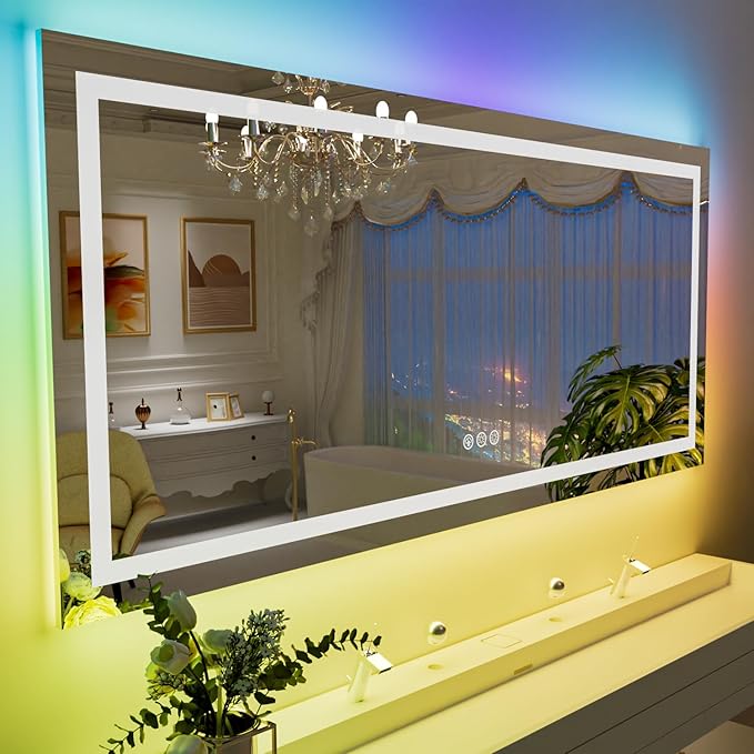 LOAAO 60”X40“ RGB LED Bathroom Mirror with Lights, Large, Anti-Fog, Dimmable Smart Lighted Bathroom Vanity Mirror, Multiple Light Modes, RGB Backlit + Front Light, Memory Function, Tempered Glass