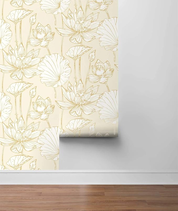 NextWall Lotus Floral Peel and Stick Wallpaper (Metallic Gold & Cream)