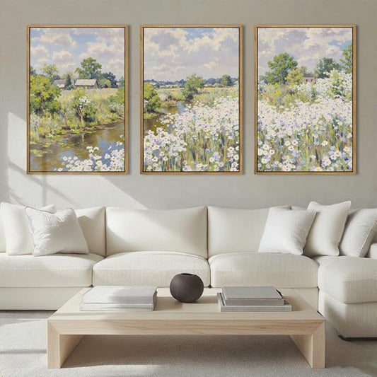 BINCUE Framed Wildflower Wall Art Rustic Floral Wall Decor Vintage Landscape Artwork for Living Room Bedroom Bathroom 16x24 Inches Set of 3