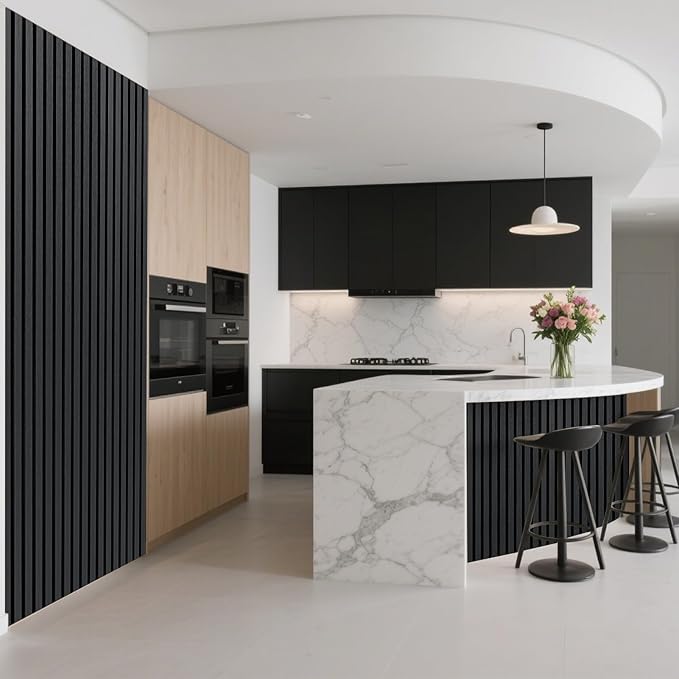 Art3d Acoustic Wood Slat Wall Panel with Roll-Flat Design - 95.3 x 23.8 Inch Sound Absorbing Panels for Living Room Columns Corridor Curved Wall Decor, 1-Pack Blackwood