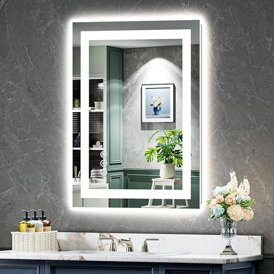 24x32 Inch LED Bathroom Mirror with Lights Front and Backlit Lighted Vanity Mirror for Bathroom Wall with 3 Colors Dimmable Anti-Fog Memory Shatter-Proof IP54 Waterproof Horizontal/Vertical