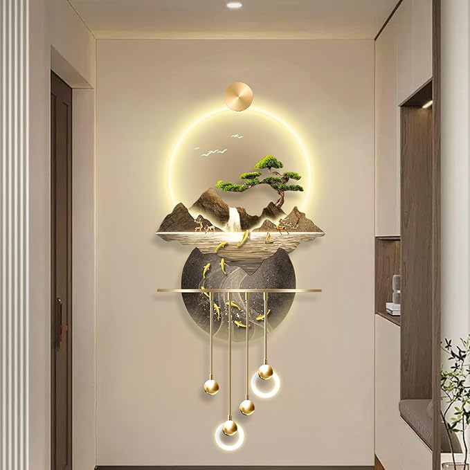 23.64x53.54IN 3D Wall Sculptures Hanging with Led Light Modern Art Deco Lighting Wall Art Decorations Lamp Wall Art Decor with Metal Ball Pendant for Friends(Yellow 2)