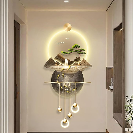 23.64x53.54IN 3D Wall Sculptures Hanging with Led Light Modern Art Deco Lighting Wall Art Decorations Lamp Wall Art Decor with Metal Ball Pendant for Friends(Yellow 2)