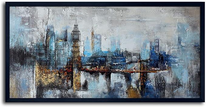 Large Wall Art for Bedroom Abstract City View Canvas Art Gray Blue Buildings Prints for Bedroom Wall Art Office Artwork Wall Decor for Living Room Decor 29x58 inches Black Framed