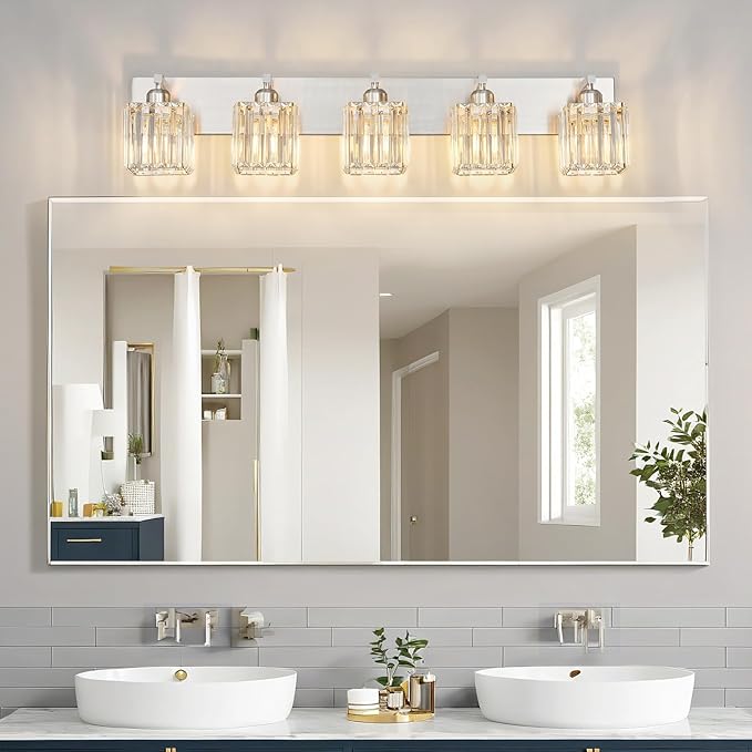 Modern Vanity Light 5-Lights Brushed Nickel Vanity Light Crystal Bathroom Wall Light Bathroom Light Fixtures