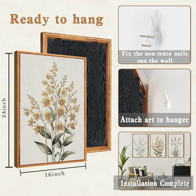 Anyzal Framed Minimalist Botanical Wall Art Large Neutral Floral Art Prints Modern Beige Wildflower Wall Decor for Living Room Bedroom Dining Room Office 16x24x3