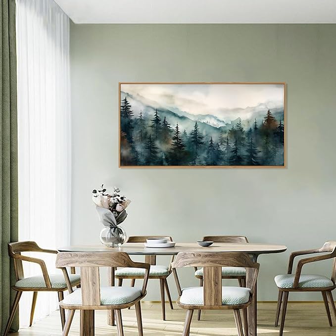 KAIRNE Watercolor Misty Forest Framed Canvas Wall Art Set, Nature Landscape Wall Decor, Foggy Mountain Pine Trees Wall Painting, Jungle Scenery Artwork for Living Room, Bedroom, Office 20"x40"