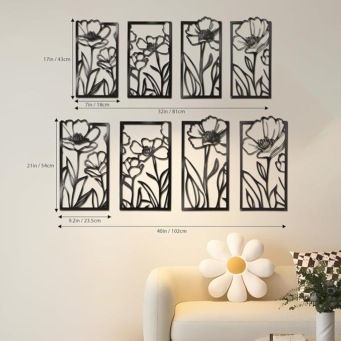 Metal Wall Art Flowers Set of 4, Framed Flower Wall Art for Living Room Bedroom Entryway, 4-Piece Floral Wall Decor, Enhance Home Ambiance with Harmonious Energy, Metal Wall Decor with Positive Vibes (Black, 40" x 21"/102x54cm, Framed)
