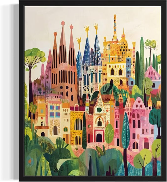 Barcelona Spain Wall Art Poster Print, Vintage Retro Landscape Scenery Painting Artwork Travel Prints Decor Cityscape Landmarks Gallery 27 (Barcelona Spain, 18 x 24 inches, Black Frame)