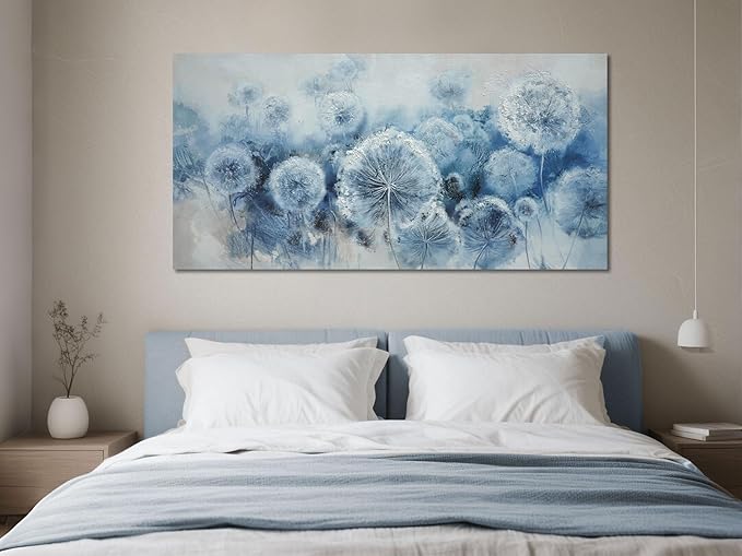 Arjun Large Wall Ar for Living Room, Dandelion Painting Flower Indigo Floral Canvas Art Wall Decor, Blue and White Textured Bedroom Artwork Framed for Home Office, Oversize 58"x29"
