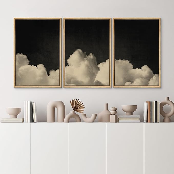 MUDECOR Framed Canvas Print Wall Art Dramatic Cloudscape Black and Beige Sky Illustrations Realism Decorative for Living Room, Bedroom, Office - 16"x24"x3 Natural