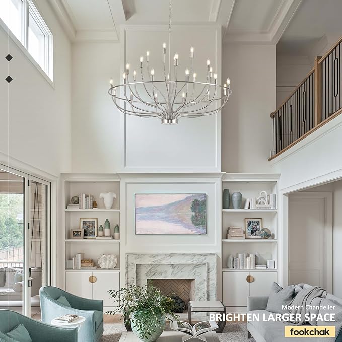 24 Light Brushed Nickel Chandelier 51'' Large Candle Chandeliers for High Ceiling Foyer Modern Classic Chandelier Light Fixture for Large Living Room Dining Room Stairs Entry Restaurant Hotel