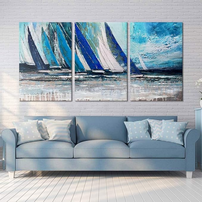 MAMAGO Large Abstract Living Room Wall Art Blue Coastline Landscape Canvas Prints Oil Painting Vintage Nautical Ocean Artwork for Bathroom Office Modern Framed Wall Decor Easy to Hang -24" x36x3pcs