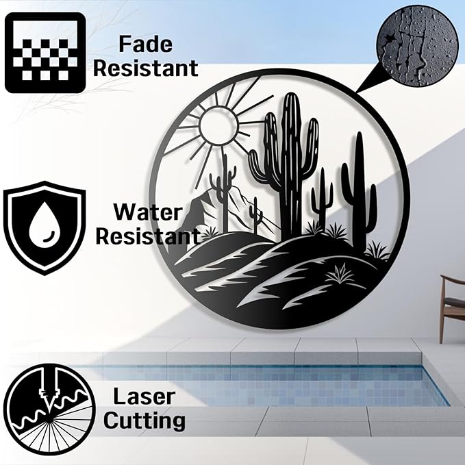 Lunwall Metal Cactus Wall Art, Southwestern Wall Decor, Desert Metal Wall Art, Vertical Cactus Wall Sculpture, Indoor/Outdoor, 19 L" x 19 W" / 47 x 47 cm