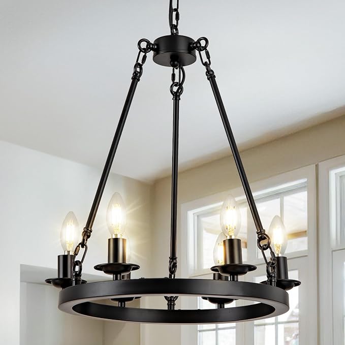 6-Light Black Wagon Wheel Chandelier, Modern Farmhouse Chandelier Rustic Industrial Round Small Wagon Wheel Light for Dining Room, Kitchen, Bedroom, Living Room,Entryways
