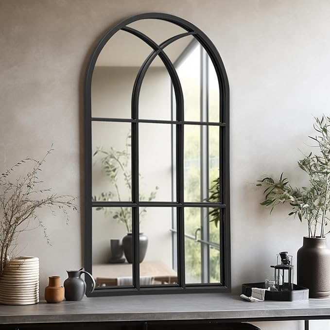 Arched Window Wall Mirror, 42"x24", Decorative Mirror, Vanity Mirrors for Bathroom, Bedroom, Entryway, Living Room, Window Pane or Farmhouse Mirrors for Wall Decor, Metal Frame, Black
