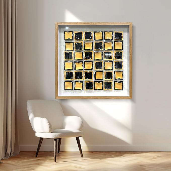 BrightA Black and Gold 3D Wall Art with Textured Grid Design Handcrafted Acrylic Panels in Solid Wood Frame, Modern Abstract Sculpture for Contemporary Living Room Office 31.5"x31.5"