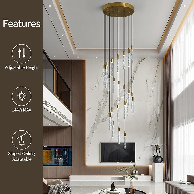 24-Light Modern Living Room Chandelier Gold Brass Finish Crystal Ceiling Pendant Lights LED Dimmable 144W 6000K Staircase Large Chandeliers for Entryway Lobby Foyer High Ceiling Chandeliers