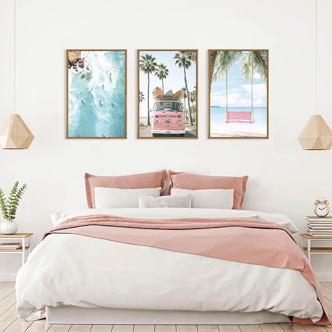 Large Summer Beach Surfing Scene Framed Canvas Wall Art Set,Coastal Pink Van and Surfboards Wall Decor,Trendy Beach Swing Palm Trees Artwork for Living Room,Bedroom-16 x24 x3