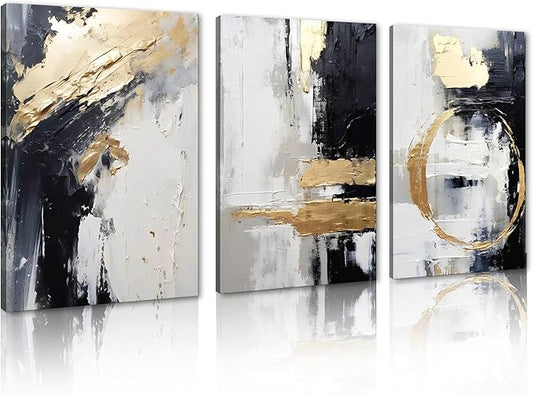 Contemporary 3 Panels Wall Art Luxurious Abstract Wall Decor Black White and Gold Artwork in Abstract Style for Sophisticated Home Decor Framed Easy to Hang - 24x36 inch x3pcs
