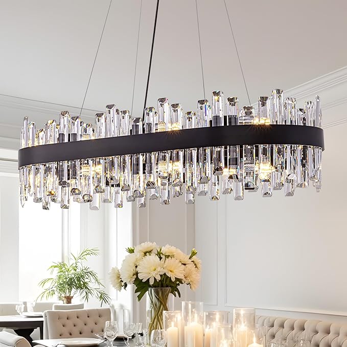 16-Light Modern Crystal Chandelier for Dining Room Black Rectangle 2-Tiers K9 Crystal Raindrop Chandelier Flush Mount Oval Adjustable Pendant Ceiling Light Kitchen Island Bar L35.4''
