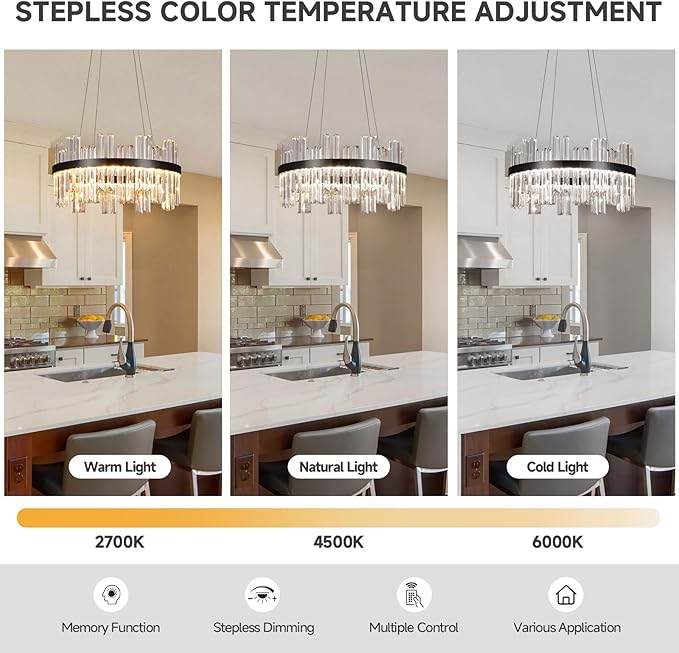 Black Modern Led Crystal Chandelier: 19.7" Round K9 Luxury Clear Crystals 3 Color Dimmable Contemporary Chandeliers for Dining Room Lights over Table - Adjustable Height Living Room Light with Remote