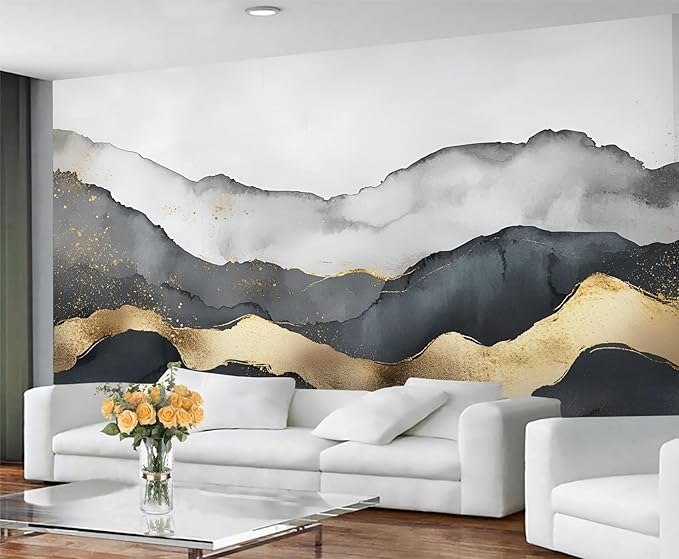 Black Gold Mural Wallpaper, Modern Fashion Marble Murals, Abstract Gradient Art Murals, Large Wallpaper for Living Room Bedroom Kids Room Home Decor Mural (Not Peel Stick)