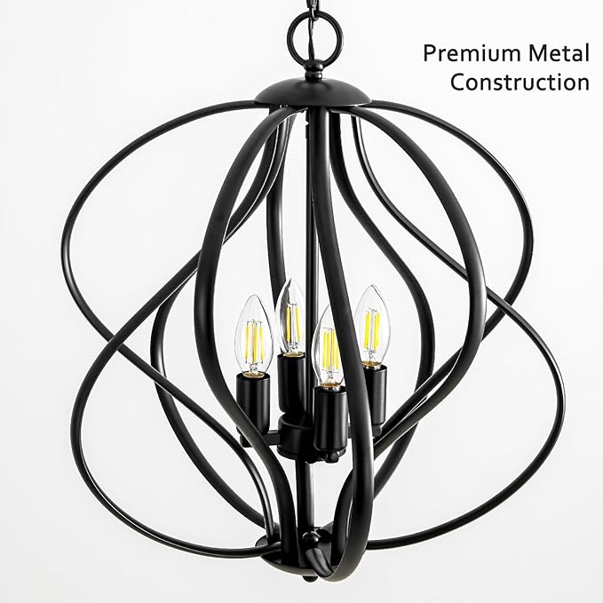 17” Modern Black Chandelier for Dining Room - 4-Light Industrial Sphere Pendant Light, Hanging Geometric Chandelier for Kitchen, Entryway, Foyer, Stairs